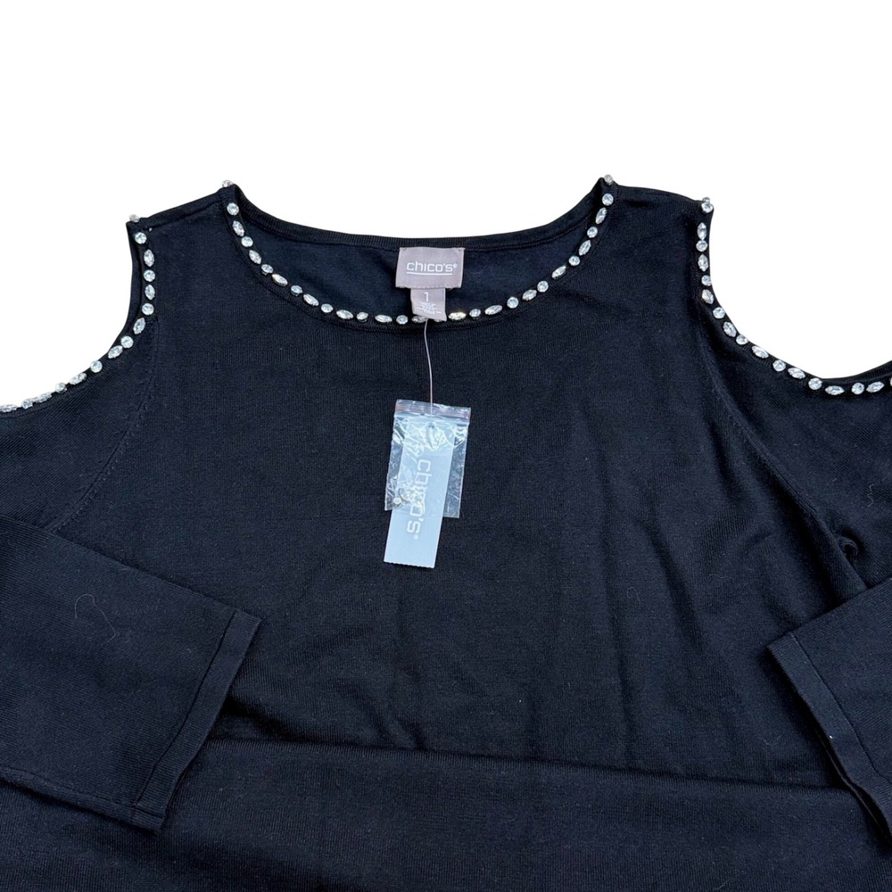 Chico's Cold Shoulder Pullover Women Size 1 (US M 8-10) Black Sparkle Party Chic